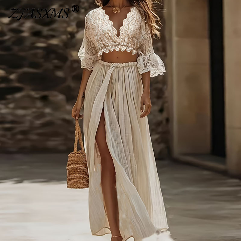 Summer Vacation Clothing Women - Womens Bohemian Lace Two Piece Set