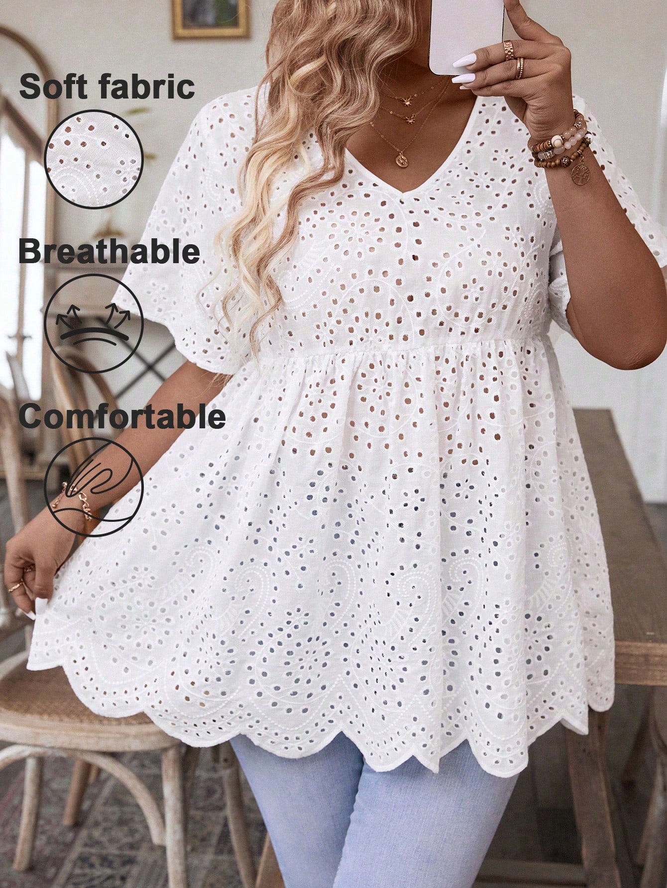 Summer Clothing Wear - Women's Plus Size White Eyelet Embroidery