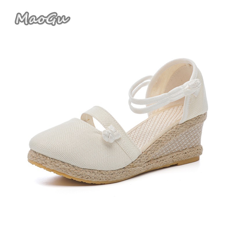 Espadrille Sandal Women - Women's Linen Espadrille Wedge Sandals Round